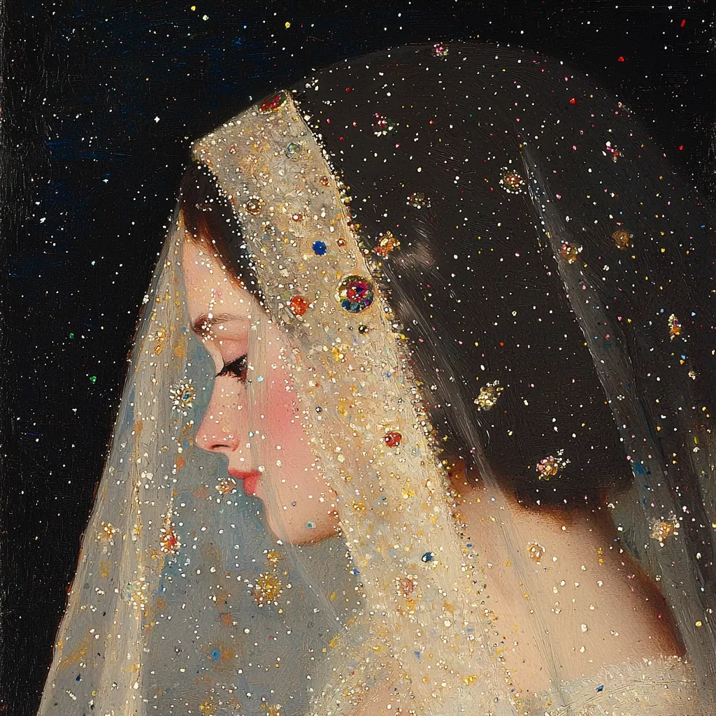 The painting depicts a woman's profile, veiled in a shimmering, ethereal fabric adorned with glittering embellishments.  The veil, seemingly woven with stardust, creates a celestial effect against a dark background. Her expression is serene and contemplative, enhancing the mystical atmosphere. The overall style is romantic and dreamlike, capturing a sense of delicate beauty and otherworldly grace.