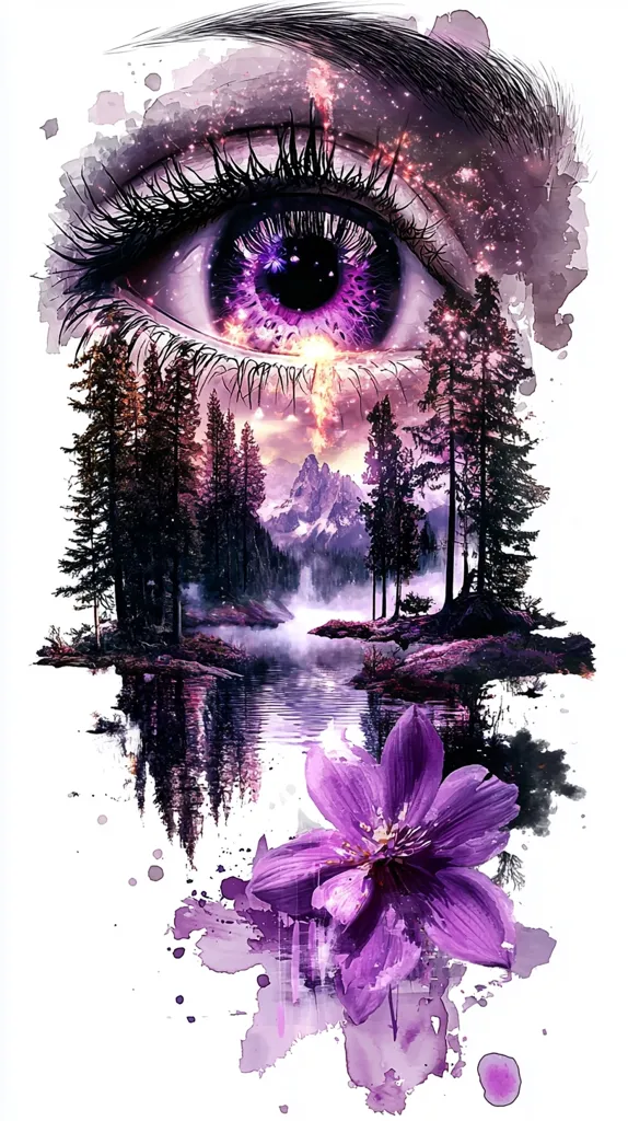 A captivating watercolor illustration features a large eye, its purple iris reflecting a serene landscape.  The scene within the eye depicts a tranquil lake nestled amongst a dark forest, mountains rising in the distance under a twilight sky.  Below the eye, a vibrant purple flower blooms, its petals mirroring the dreamy purple hues throughout the artwork. The overall effect is one of mystical beauty and serene tranquility.