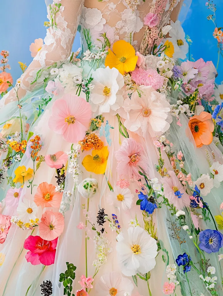 A stunning tulle gown is adorned with a profusion of vibrant flowers, creating a breathtaking floral masterpiece.  The dress, seemingly crafted from delicate lace, is entirely covered in a variety of blossoms in shades of pink, orange, yellow, white, and blue.  The effect is both whimsical and elegant, a captivating display of floral artistry.