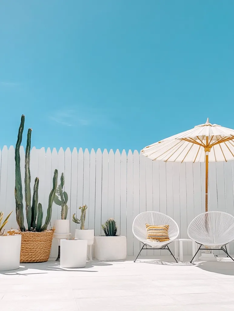 A minimalist outdoor patio scene features two white wicker chairs with a yellow and orange striped pillow, positioned under a white parasol against a white picket fence.  Various cacti in white and woven baskets add to the desert-inspired aesthetic. The bright blue sky completes the clean, bright, summery look.