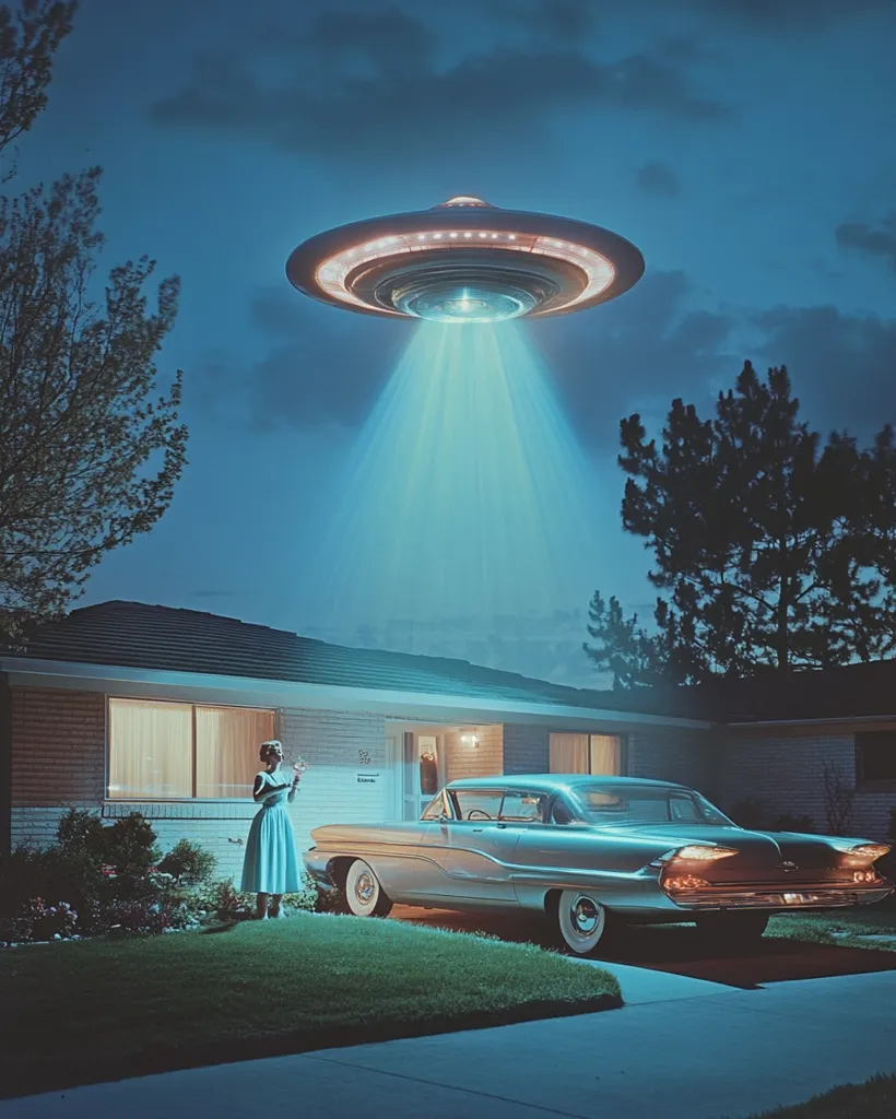 A retro-styled image depicts a flying saucer hovering above a 1950s suburban home.  A woman in a light blue dress stands on the lawn, gazing upwards.  The scene is bathed in a cool, twilight glow, creating a mysterious and nostalgic atmosphere. The beam from the spaceship illuminates the woman and her classic car parked in the driveway.  The overall aesthetic suggests a science fiction narrative.