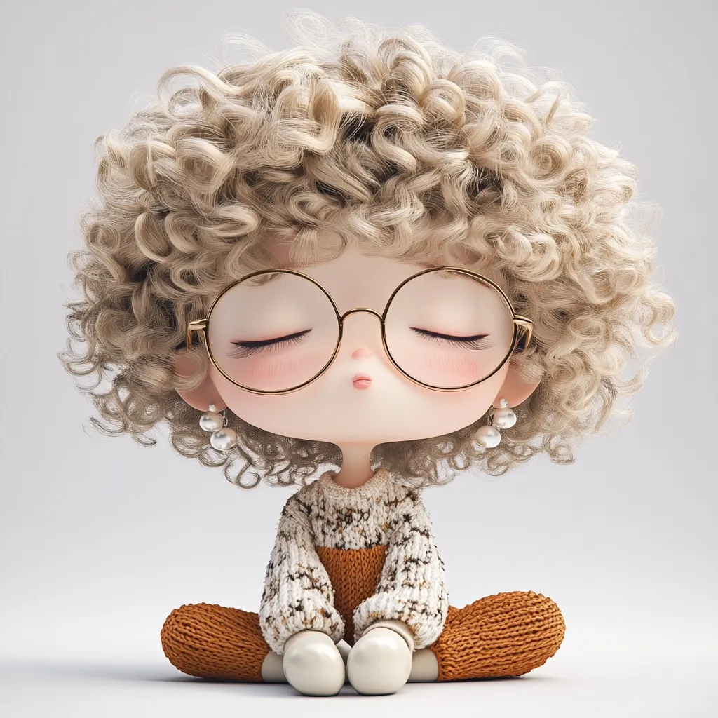 A 3D rendered illustration of a cute chibi-style girl. She has voluminous blonde curly hair, round glasses, and is wearing a cream and orange knitted outfit.  Her eyes are closed, and she has a small, pursed mouth, giving a peaceful expression.  She sits with her legs crossed, small pearl earrings visible. The overall style is soft and adorable.