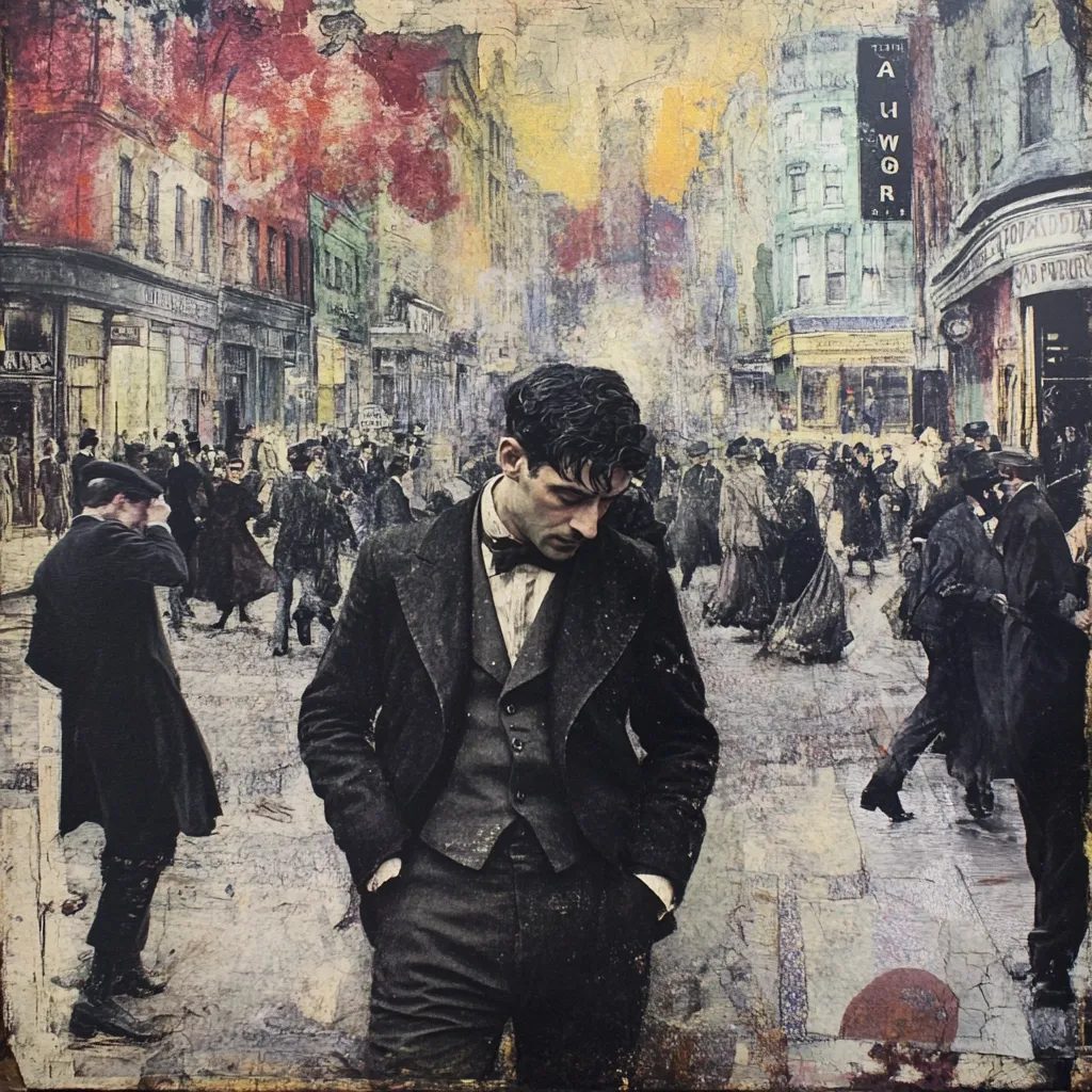 A man in a three-piece suit stands pensively on a busy, textured street scene reminiscent of early 20th-century London.  He is dressed in dark clothing, his head bowed.  The background is a collage of people, buildings, and signage, creating a bustling atmosphere. The overall style is a blend of painting and photography, with a slightly distressed or aged effect.