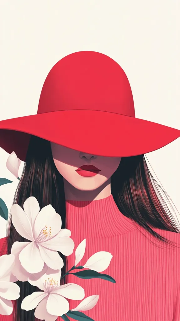 A stylish illustration features a woman with long dark hair, wearing a vibrant red hat that casts a shadow over her eyes, revealing only her red lips.  She's dressed in a matching coral-pink turtleneck sweater.  Delicate white flowers, possibly magnolias, adorn the side of her sweater, adding a touch of softness to the bold color scheme. The overall style is clean and minimalist, with a focus on color and shape.