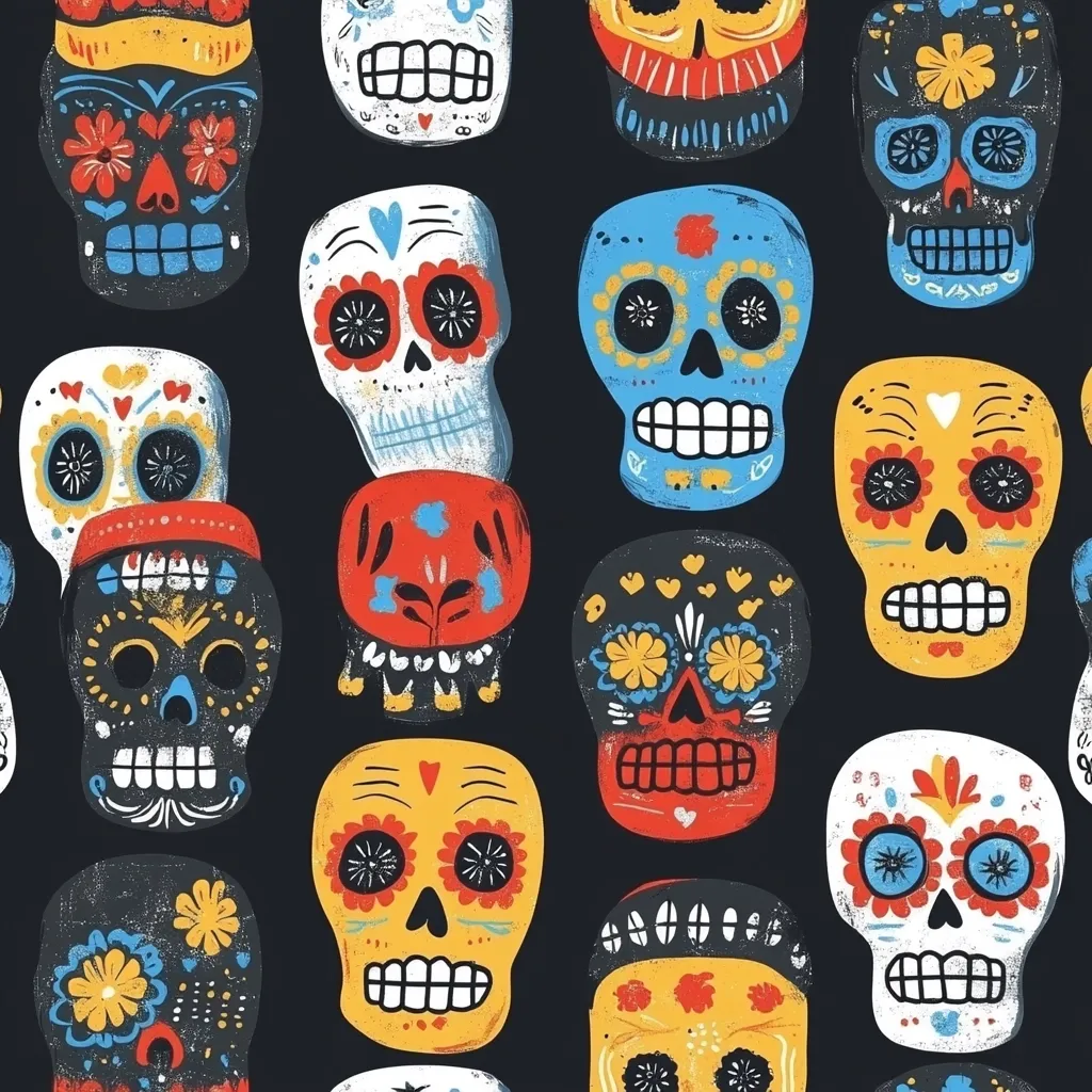 A vibrant pattern showcases a multitude of colorful sugar skulls, characteristic of Dia de los Muertos celebrations.  Each skull is uniquely decorated with flowers, hearts, and intricate details, rendered in a hand-painted style against a dark background. The skulls vary in color and design, creating a festive and slightly spooky aesthetic. The overall effect is a cheerful, repetitive design perfect for textiles or celebratory decor.