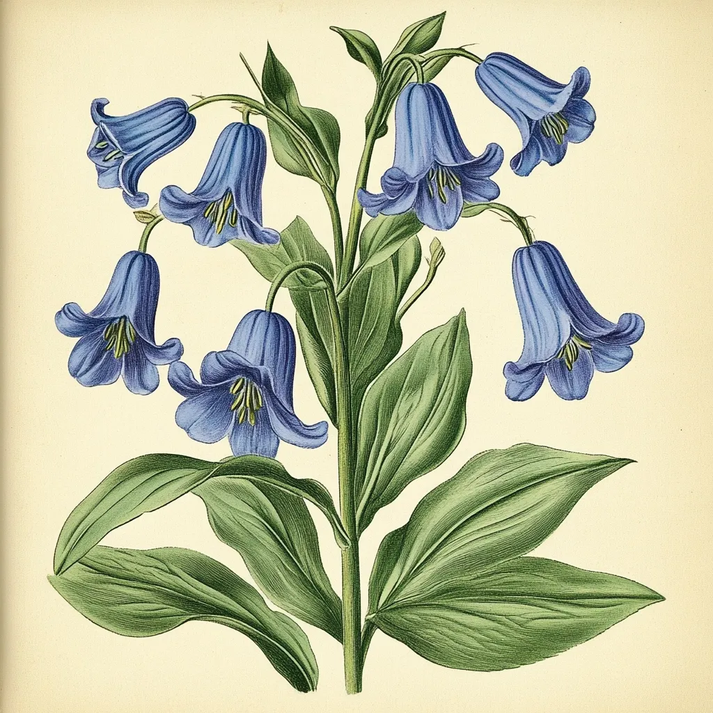 A botanical illustration showcases a cluster of delicate, bell-shaped flowers in varying shades of blue.  The flowers, likely a type of campanula, hang gracefully from a central stem adorned with large, ovate leaves.  The detailed rendering captures the subtle veining of the leaves and the delicate texture of the petals, creating a vintage aesthetic. The creamy background complements the vibrant blues of the blossoms.