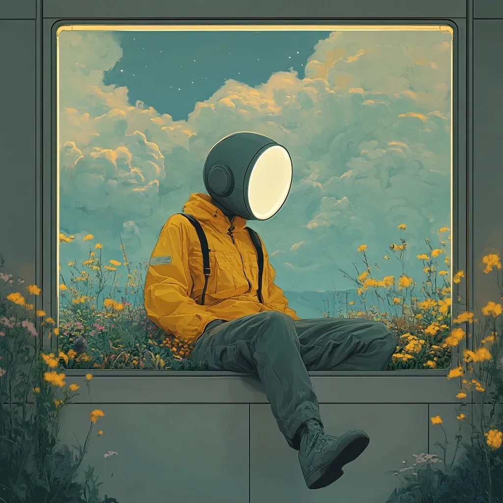 A stylized figure, wearing a yellow jacket and a helmet-like headpiece emitting a soft light, sits contemplatively on a windowsill.  The backdrop is a dreamy landscape of wildflowers and a twilight sky filled with clouds. The overall mood is serene and slightly melancholic, with a futuristic or surrealist aesthetic.  The scene is framed within a minimalist architectural element.