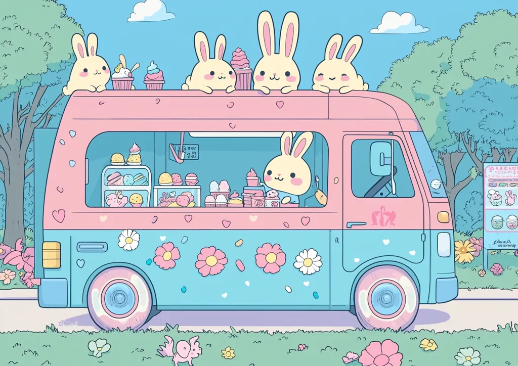 A pastel-colored van, adorned with flowers and hearts, is parked in a whimsical landscape.  Several adorable bunnies sit atop the van, which is filled with various sweets and treats.  A bunny inside the van appears to be serving customers.  The scene is idyllic and sweet, evoking a feeling of childlike joy and fantasy.