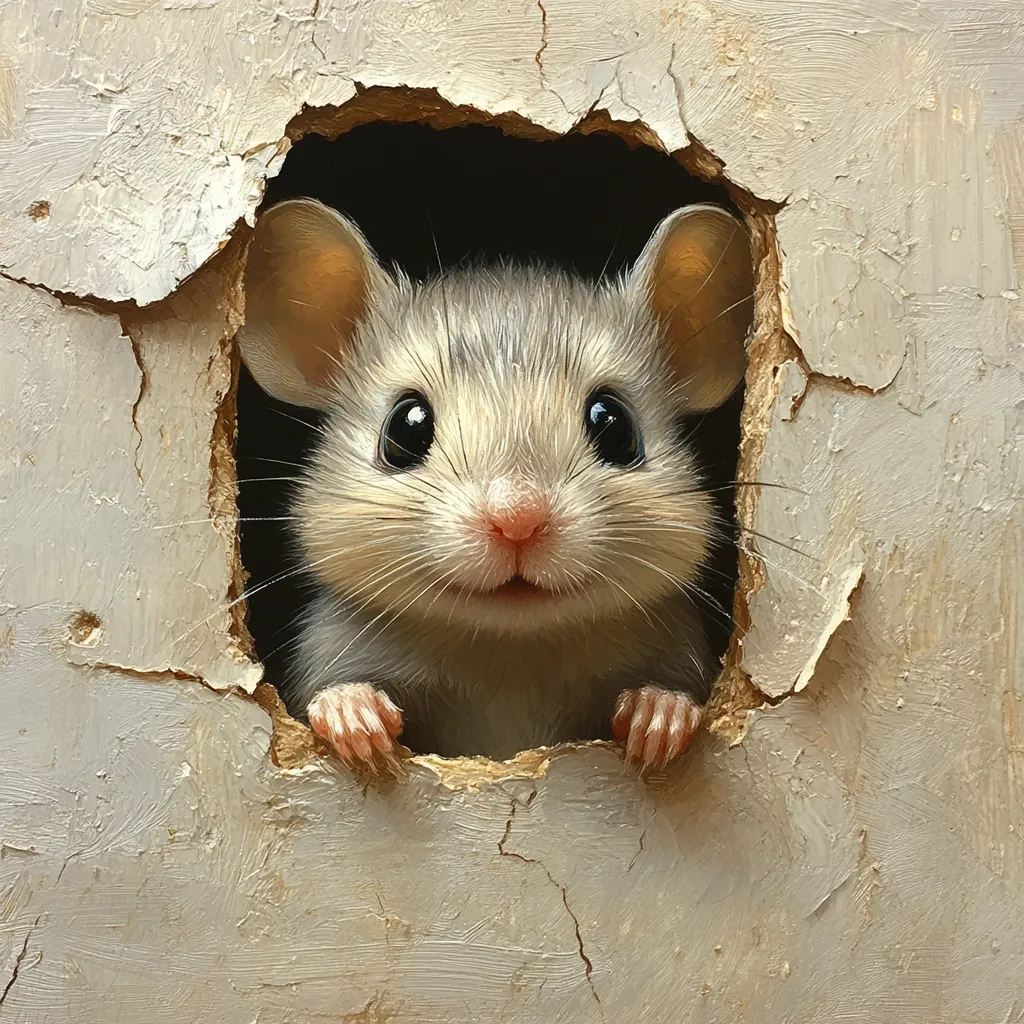 A charming painting depicts a small, light grey mouse peering through a hole in a weathered, off-white wall.  Its large, dark eyes and pink nose are prominent features. The mouse's paws are visible on either side of the hole, suggesting curiosity or a playful peek. The texture of both the mouse's fur and the damaged wall is realistically rendered.