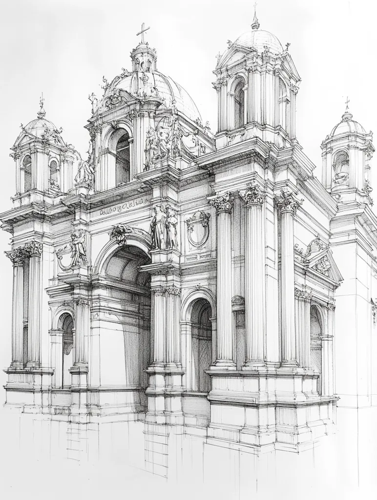 A detailed pencil sketch depicts a grand baroque-style church.  The drawing showcases intricate architectural features, including multiple domes, columns, arched entrances, and sculpted details.  The perspective is three-dimensional, offering a comprehensive view of the structure's façade and side.  The artist's meticulous linework creates a sense of depth and grandeur.  The overall style is precise and architectural, suggesting a design or blueprint.