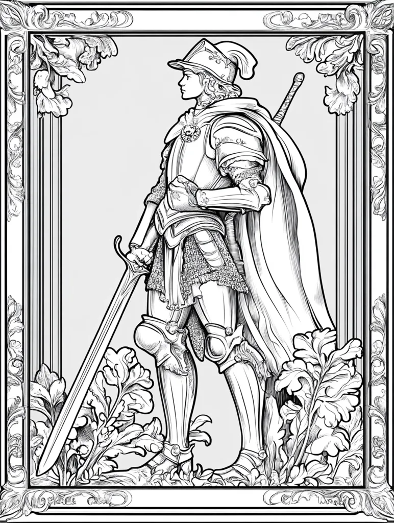 A detailed line drawing depicts a knight in full armor, standing in profile view.  The knight, with long hair flowing from under their helmet, holds a large sword.  The image is framed by an ornate, baroque-style border filled with detailed foliage.  The style is reminiscent of vintage illustrations or heraldic art. The knight's pose suggests readiness and strength.