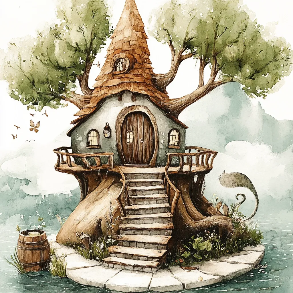 A whimsical watercolor painting depicts a charming treehouse nestled in a large, ancient tree overlooking a calm body of water.  The conical roofed house has a wooden door and balcony, accessed by stone steps.  Butterflies flutter nearby, adding to the enchanted atmosphere.  A small wooden barrel sits beside the water's edge, completing this idyllic scene.  The overall style is dreamy and fantastical.