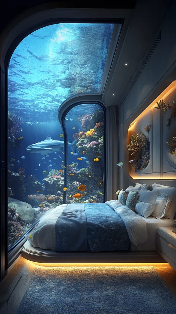 A bedroom with a breathtaking underwater view.  A large curved window reveals a vibrant coral reef teeming with fish, including a shark. The bed is positioned to maximize the view, with soft, blue bedding complementing the oceanic theme.  Subtle lighting accentuates the bed's platform and the surrounding decor, creating a tranquil and luxurious underwater sanctuary.