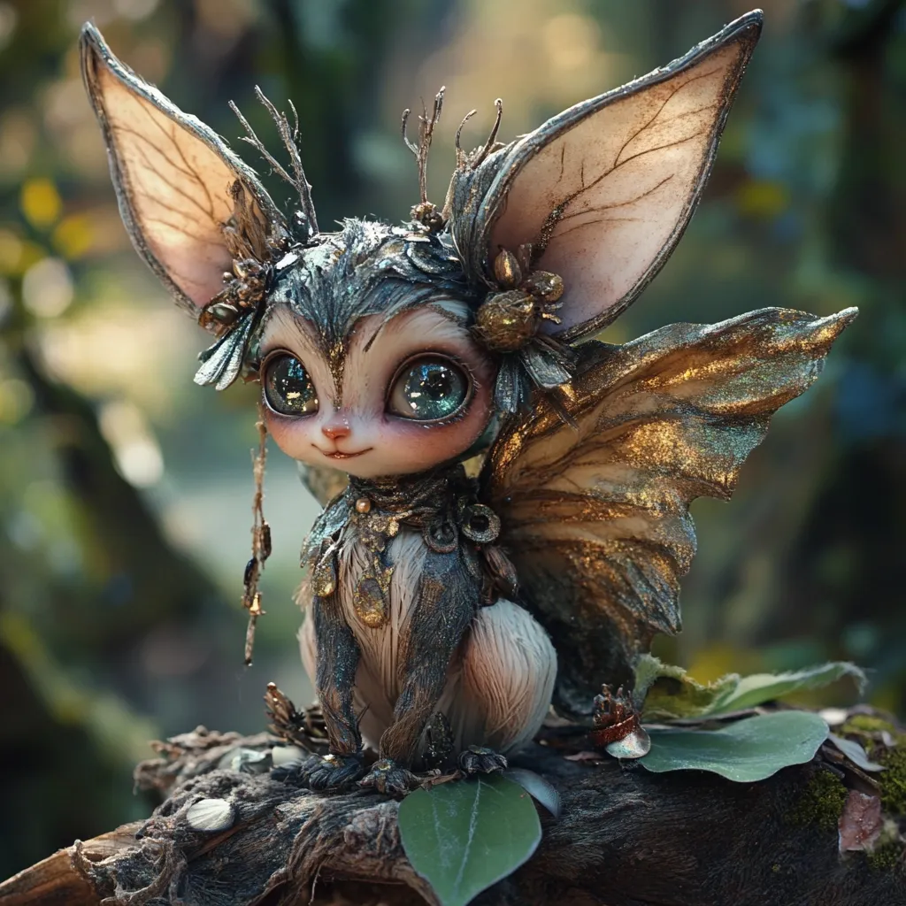 A meticulously crafted fairy figurine, resembling a whimsical creature with large, expressive eyes and delicate, intricately detailed wings.  Adorned with gold accents and a crown of natural elements, it sits perched on a mossy log in a forest setting.  The artistry showcases a blend of fantasy and nature, capturing a magical essence.  The creature's fur appears soft, and its overall design exudes a sense of elegance and otherworldliness.