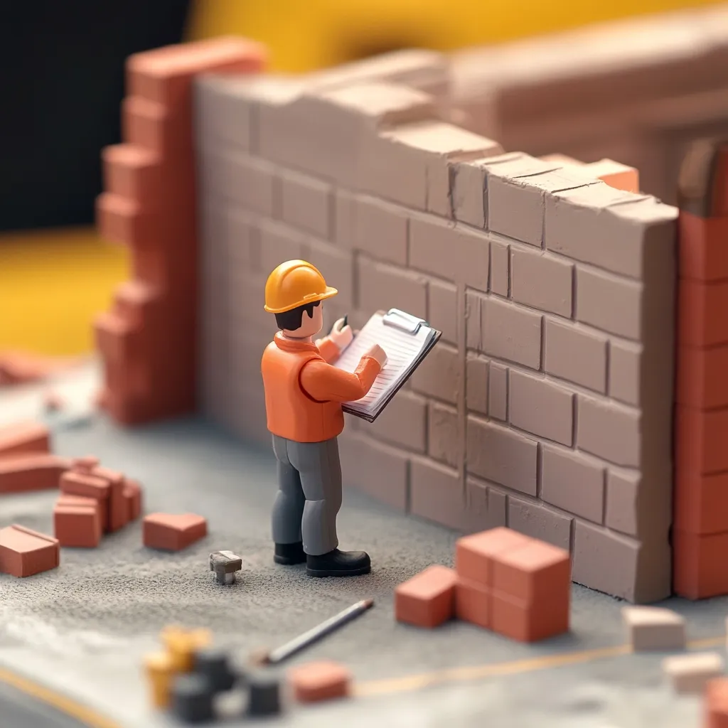 A miniature construction worker, wearing a yellow hard hat and orange shirt, stands before a partially built brick wall. He meticulously records observations on a clipboard.  Scattered bricks and construction tools surround him, suggesting an active building site. The scene is a detailed miniature representation of a construction project in progress.