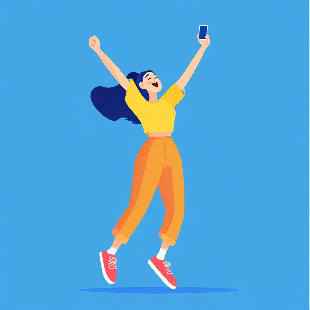 A joyful young woman with long dark hair leaps in the air, arms raised triumphantly, holding a smartphone aloft. She wears a yellow crop top and orange pants, complemented by red sneakers.  Her exuberant expression and pose suggest excitement and success, possibly celebrating a positive online experience or achievement.  The vibrant blue background enhances the cheerful mood of the illustration.