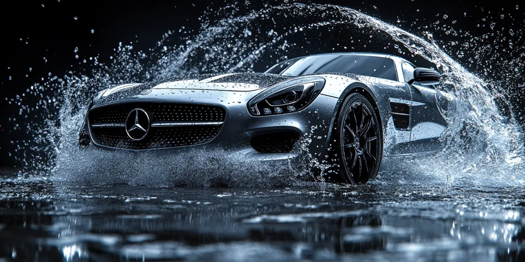 A silver Mercedes-Benz AMG GT sports car speeds through a large puddle of water, splashing water in all directions.  The car is the focal point, sharply in focus against a dark background. Water droplets cling to the vehicle's body, emphasizing its sleek design and highlighting the dynamic action. The scene is dramatic and conveys a sense of power and speed.