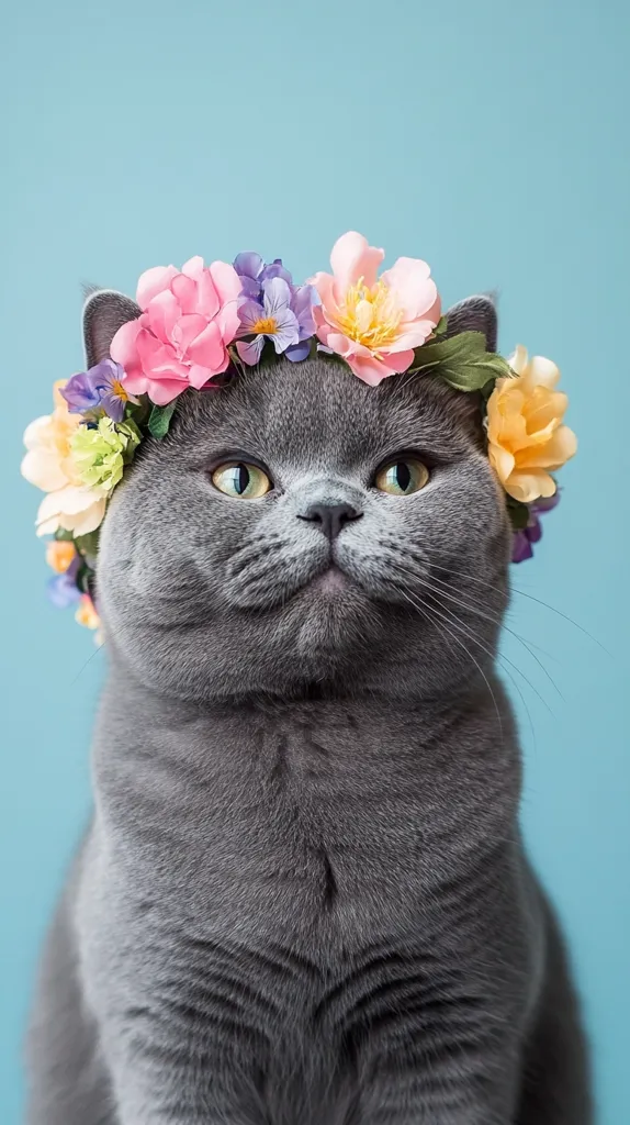 A gray British Shorthair cat sits against a light blue background, wearing a crown of colorful artificial flowers.  The cat has a fluffy coat and a serious expression. The flowers are a variety of pinks, purples, and yellows, creating a vibrant contrast to the cat's fur. The image is well-lit and the cat is in sharp focus.