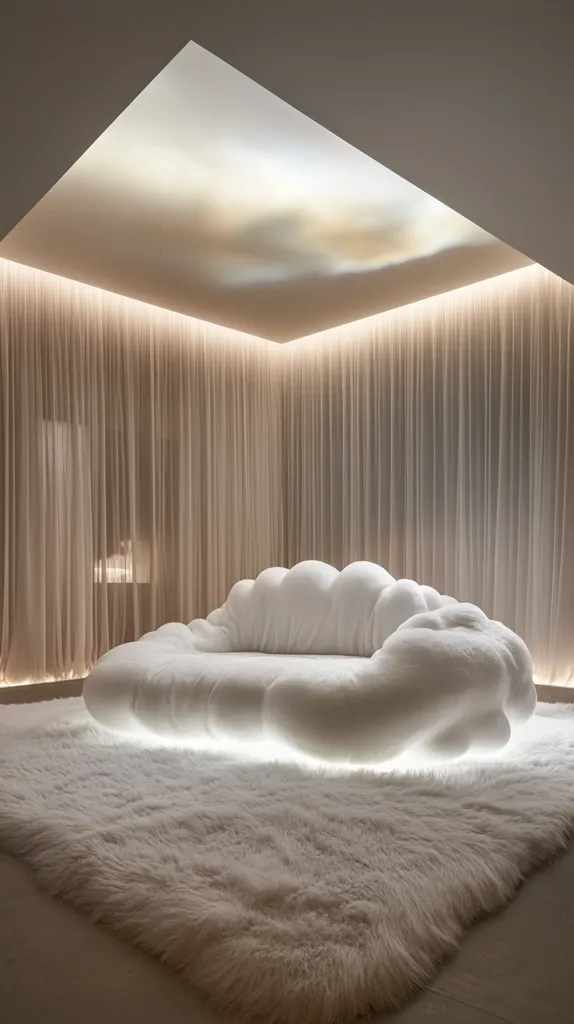 A cloud-shaped, white sofa sits on a fluffy white rug in a softly lit room.  Sheer, light beige curtains hang from the walls, and the ceiling features an illuminated, cloud-like design. The overall ambiance is serene and calming, creating a tranquil and luxurious atmosphere.  Subtle lighting accentuates the sculptural form of the sofa.