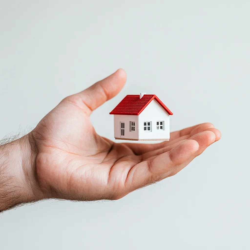 A man's hand gently cradles a miniature house model. The house is white with a vibrant red roof, symbolizing a new home or real estate opportunity.  The image conveys a sense of care, security, and the promise of homeownership. The simple background emphasizes the house as the focal point.