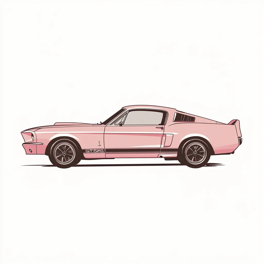 A stylized illustration of a classic pink Ford Mustang Shelby GT500.  The car is depicted in profile view, showcasing its sleek lines and iconic design elements. The image is clean and minimalist, with a focus on the car's shape and color. The pastel pink gives it a modern, yet retro feel.
