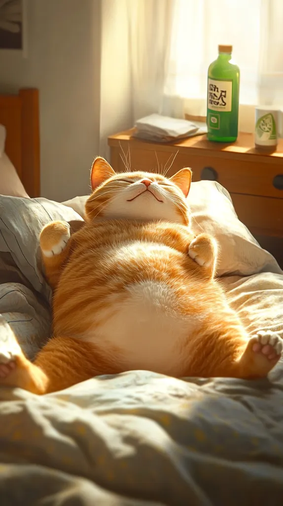A chubby orange tabby cat luxuriates in a sun-drenched bed, sprawled contentedly on its back with paws outstretched.  The warm sunlight streams through a nearby window, illuminating the peaceful scene. The cat appears deeply relaxed and happy, enjoying a moment of blissful repose.  A green bottle and a mug sit on a side table in the background.
