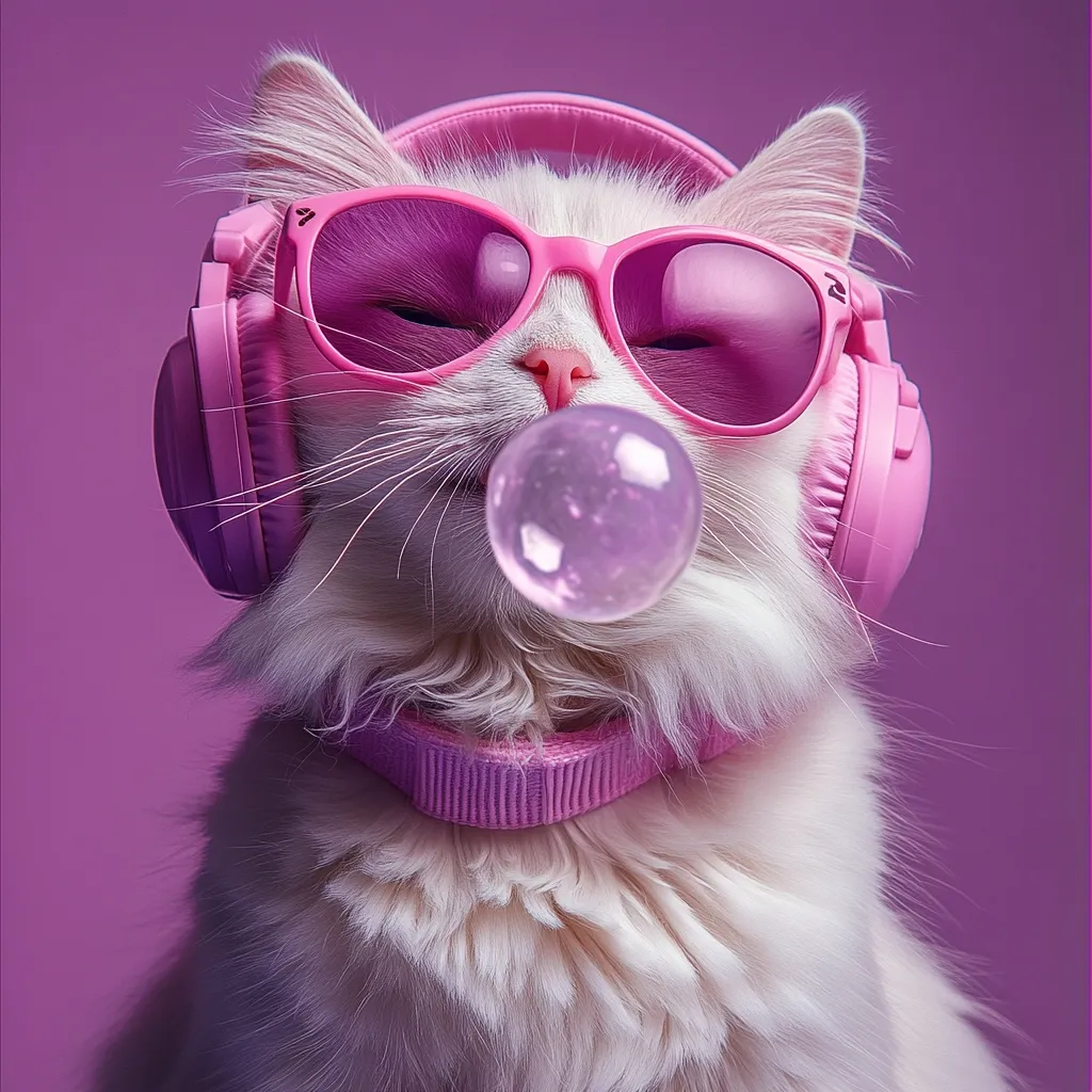 A fluffy white cat, wearing pink headphones and sunglasses, blows a bubble of pink gum.  The cat's expression is serene, almost nonchalant, as it enjoys its moment of fashionable fun against a purple background. The overall image is playful and stylish, capturing a whimsical and cute scene.