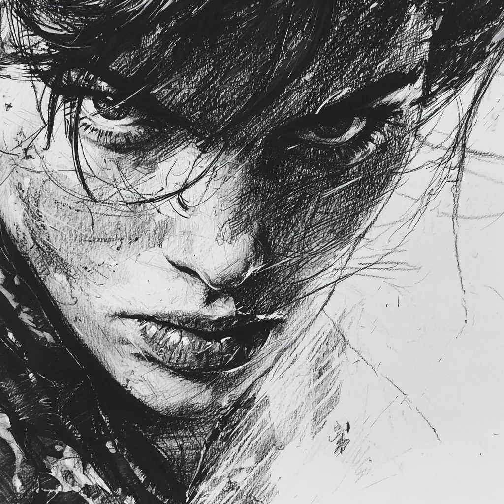 A dramatic close-up grayscale drawing of a woman's face.  Her intense gaze is accentuated by dark, expressive eyes and a determined set to her mouth.  The style is expressive and textured, with visible brushstrokes and shading conveying a sense of movement and emotion.  Her dark hair partially obscures her face, adding to the mysterious mood.  The overall effect is powerful and evocative.