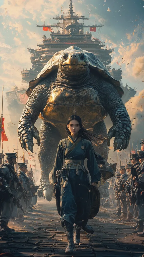 A young woman in traditional Chinese attire walks confidently between rows of soldiers, a colossal golden turtle at her back. A massive, futuristic warship looms in the background, creating a striking contrast between ancient and modern elements. The scene is set against a dramatic sky, suggesting a conflict or significant event. The overall image evokes a sense of epic fantasy and wartime.