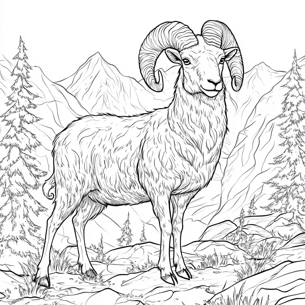 A detailed line drawing of a large-horned ram stands majestically on a rocky mountain peak.  The ram's thick coat is meticulously rendered, as is the textured landscape.  Pine trees and a mountain range provide a scenic backdrop, creating a serene and picturesque coloring page. The image showcases intricate detail suitable for artistic expression.