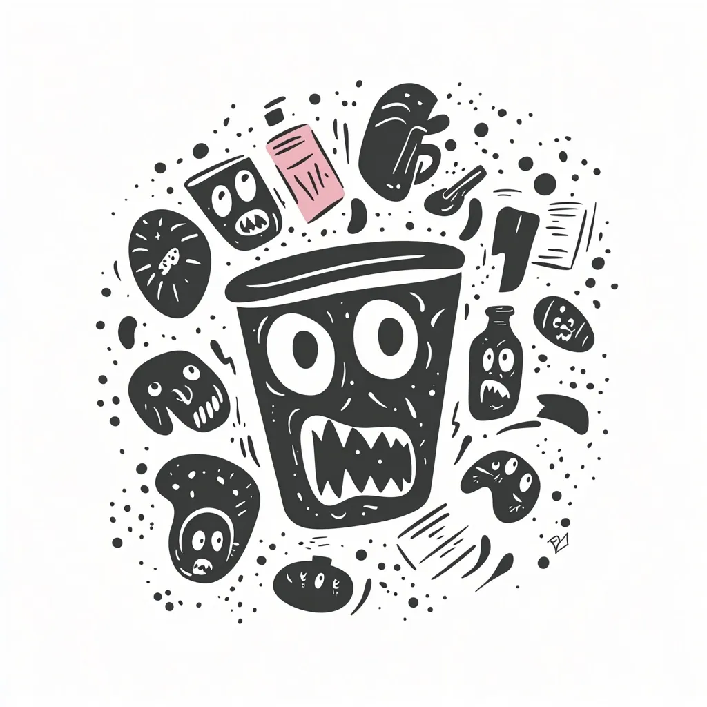 A whimsical illustration depicts a monstrous, toothy cup as the central figure, surrounded by a chaotic array of quirky, cartoonish objects.  These include small monsters, food items, and everyday objects like bottles and utensils, all rendered in a simple, black-and-white style with a single pink item. The overall aesthetic is playful and slightly unsettling.