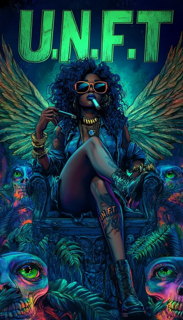 A vibrant digital artwork depicts a dark-skinned woman with voluminous blue hair, sunglasses, and angel wings.  She sits regally on a throne amidst lush, glowing foliage and skulls with green eyes.  The woman holds a cigarette, adorned with gold jewelry and tattoos.  The words "U.N.F.T" are prominently displayed above her, set against a neon-green background. The overall style is bold, surreal, and suggestive of a powerful, mystical figure.