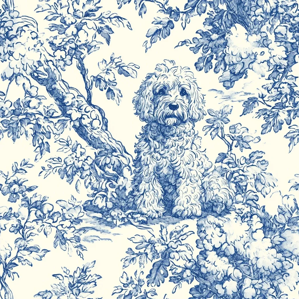 A toile-style pattern features a fluffy, seated dog in a blue and white design. The dog, possibly a doodle or similar breed, is centrally positioned amidst detailed, stylized foliage reminiscent of French country designs.  The background is a cream or off-white, contrasting with the deep blue of the dog and the intricate leaf patterns of the trees and bushes. The overall effect is elegant and reminiscent of classic fabric prints.