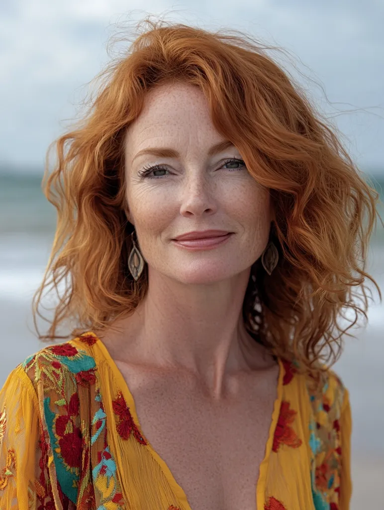 A middle-aged woman with vibrant red, wavy hair smiles gently at the camera.  She wears a sheer, mustard-yellow embroidered dress and simple leaf-shaped earrings.  Her freckled complexion and relaxed pose suggest a carefree, beachside atmosphere.  The background is softly blurred, focusing attention on her warm and approachable expression.