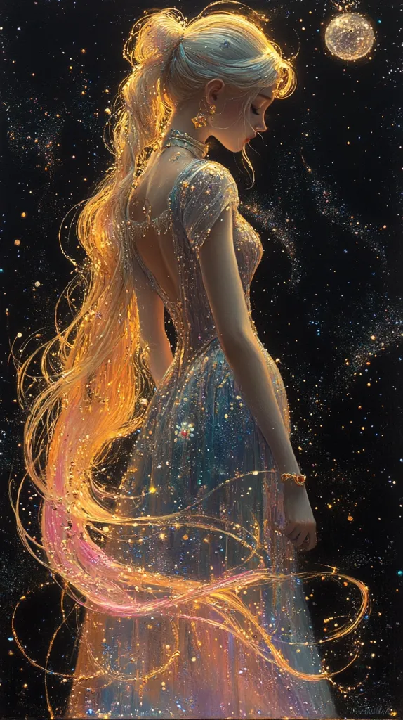 A celestial maiden, adorned in a shimmering, ethereal gown, stands against a backdrop of a star-dusted night sky.  Her long, blonde hair, aglow with golden light, cascades around her like a celestial river.  A full moon hangs serenely in the distance, casting a soft glow upon her pensive expression. The overall effect is one of dreamlike beauty and otherworldly grace.
