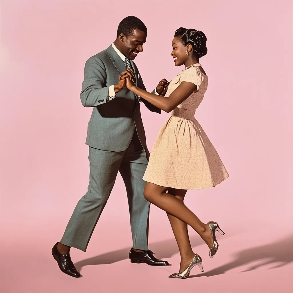 A stylish African American couple dances against a pink backdrop.  The man, in a light grey suit, and the woman, in a peach-colored dress, are locked in a close embrace, their smiles reflecting joy and connection.  Their elegant attire and poised posture evoke a sense of grace and sophistication, capturing a moment of vintage charm. The image is brightly lit, showcasing their expressions and attire in detail.