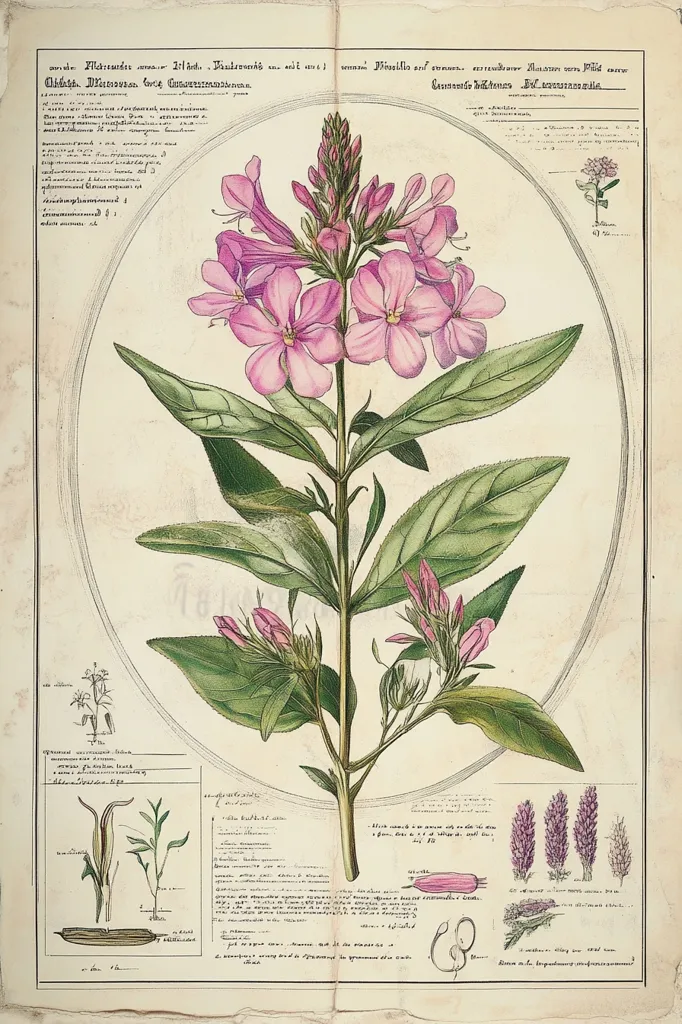 A botanical illustration showcases a detailed depiction of a flowering plant, likely a species of Phlox.  The main illustration is surrounded by smaller drawings of various plant parts, including the roots, seeds, and other inflorescences.  Descriptive text in a foreign language, possibly German or Latin, accompanies the images, providing scientific information and likely detailing the plant's characteristics and uses. The antique style and aged paper suggest an historical botanical text or print.