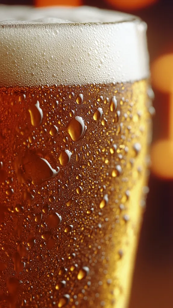 A close-up reveals a glass of beer, condensation clinging to its surface.  The golden liquid is topped with a thick head of foam.  The background is blurred, suggesting a warm, inviting atmosphere.  The image emphasizes the refreshment and texture of the cold beer.