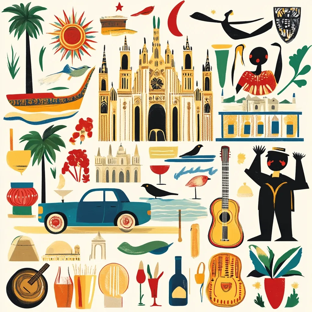 A vibrant collage showcases diverse cultural elements.  A prominent cathedral stands alongside a classic car, palm trees, and traditional musical instruments like guitars and a ukulele.  Other imagery includes birds, a boat, stylized sun, crescent moon, and architectural details, suggesting a travel or cultural celebration theme. The bold colors and simplified shapes create a playful, eclectic aesthetic.