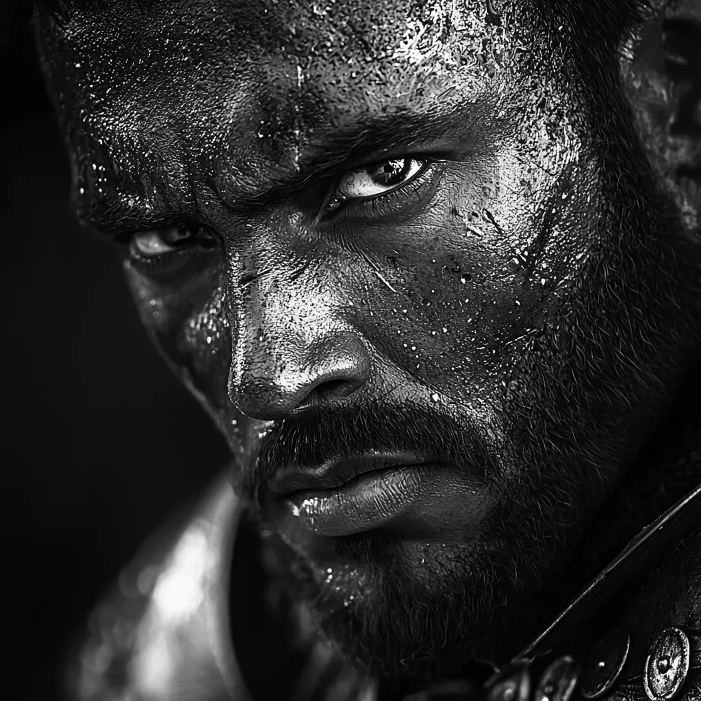 A close-up black and white photograph captures the intense gaze of a man, his face glistening with sweat.  His expression is one of grim determination, perhaps weariness, his eyes narrowed in a focused stare.  The image emphasizes texture, highlighting the sweat droplets and stubble on his face. He appears strong and weathered, possibly a warrior or someone who has endured hardship.