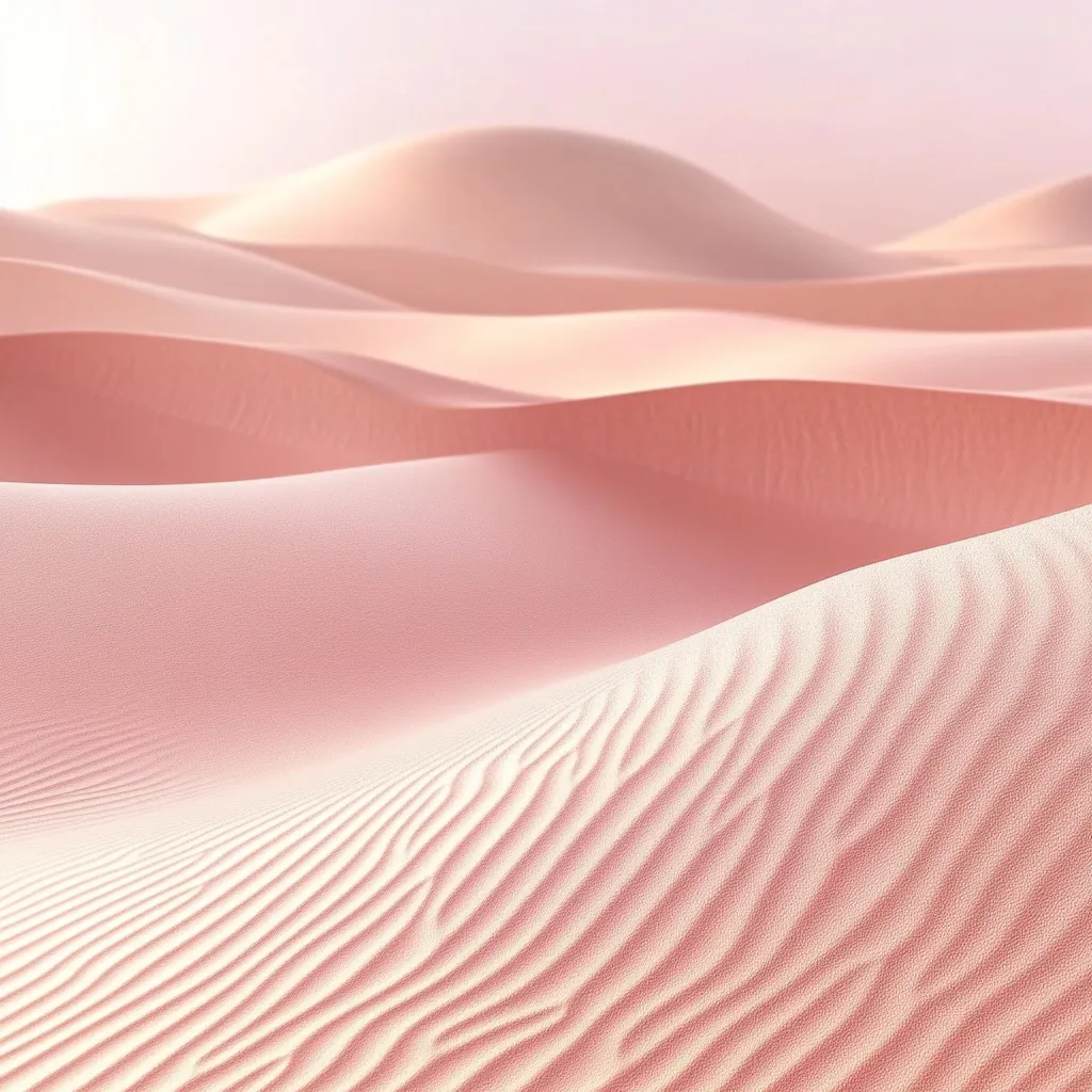 A breathtaking view of gently sloping sand dunes bathed in soft, rose-hued light.  The fine sand displays delicate, rippling textures created by the wind.  The overall effect is one of serene beauty and calm, a minimalist landscape of subtle color and form.  The image evokes a sense of peace and vastness.