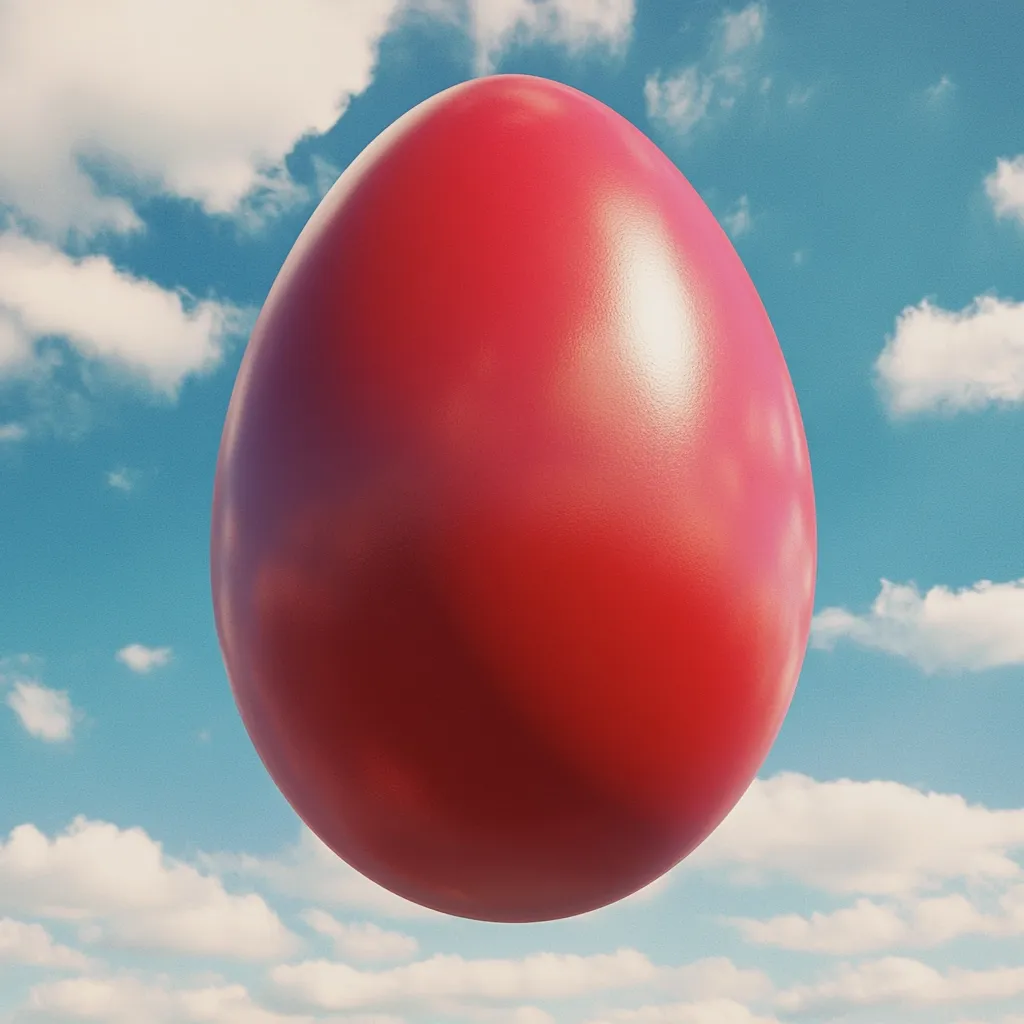 A large, vibrant red egg floats against a backdrop of a partly cloudy blue sky.  The egg is smooth and glossy, appearing almost impossibly large in scale.  The contrast between the bright red and the soft blues and whites of the sky creates a striking visual effect. The image suggests a whimsical or surreal atmosphere.