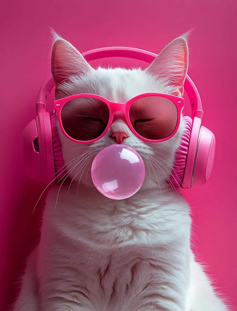 A white cat, wearing pink headphones and sunglasses, blows a pink bubble of gum against a vibrant pink background.  The cat's eyes are closed in contentment, creating a stylish and humorous image. The overall aesthetic is playful and trendy.