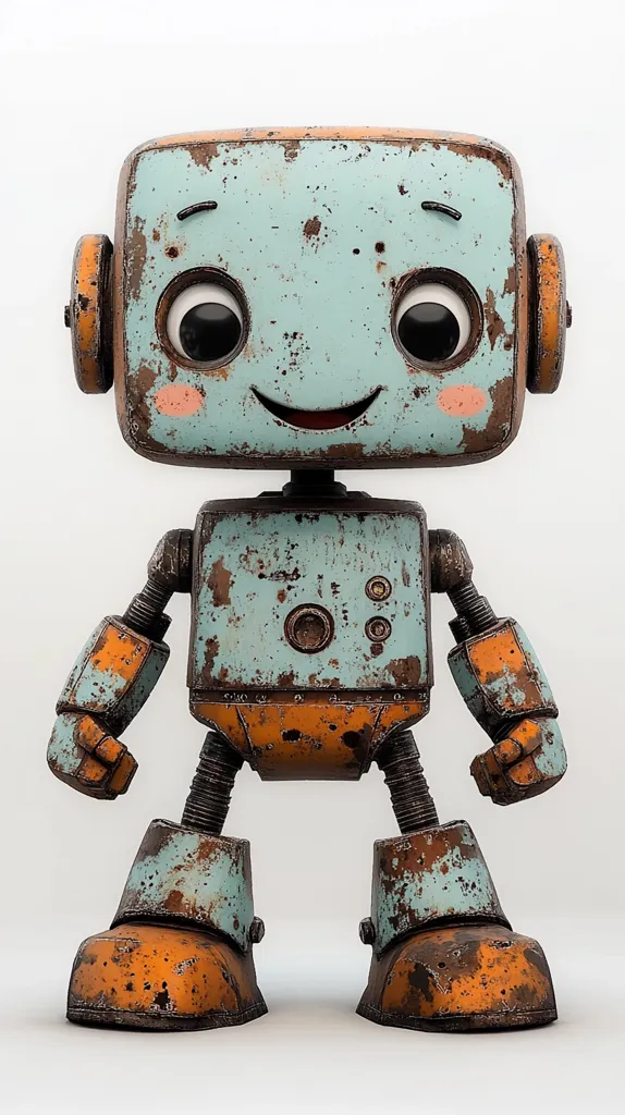 A charming, rusty robot with a boxy head and large, expressive eyes smiles warmly. Its body is a blend of faded teal and orange, showing signs of age and wear.  The robot's design is endearing, a mix of vintage aesthetics and friendly features, creating a nostalgic and appealing character. The worn paint and visible rivets add to its charming, well-loved appearance.