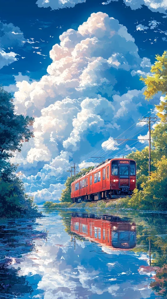 A vibrant painting depicts a red train traversing a tranquil countryside scene under a breathtaking sky.  Fluffy white clouds dominate the azure expanse, reflected perfectly in the still water beside the tracks. Lush green trees line the waterway, adding depth and serenity to the idyllic landscape. The overall effect is one of peaceful beauty and captivating realism.