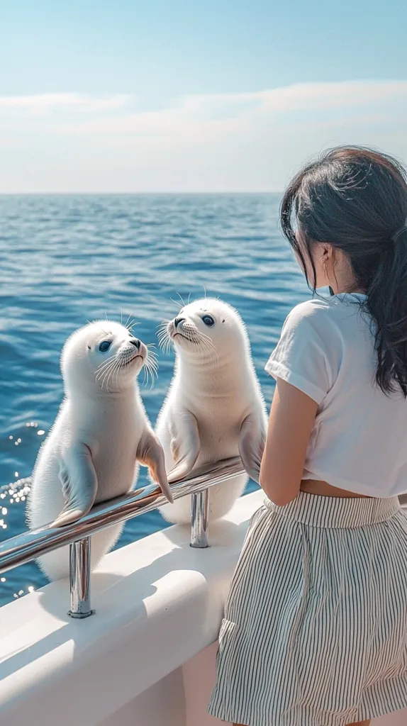Two adorable white seal pups perch on the railing of a boat, their curious gazes directed towards a young woman standing nearby.  The woman, wearing a white shirt and striped skirt, faces the seals against a backdrop of a bright blue ocean under a clear sky. The scene is peaceful and evokes a sense of wonder and connection between humans and wildlife.