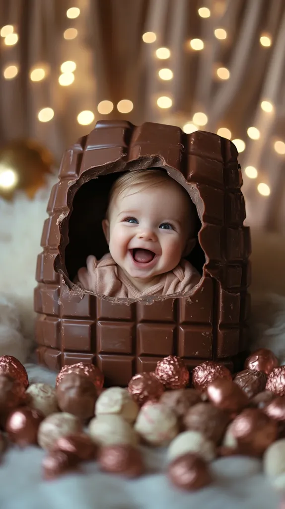 A cheerful baby sits inside a large chocolate bar, a whimsical scene bathed in warm, soft lighting.  The baby's joyful expression is framed by the rich brown chocolate, surrounded by a scattering of assorted chocolates. The overall setting is cozy and festive, reminiscent of a holiday or special occasion.