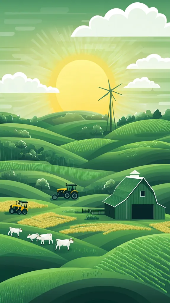 A vibrant illustration depicts a sun-drenched rural landscape. Rolling green hills are dotted with fields of golden crops, a green barn, and grazing white cows.  Two tractors are working the land, and a wind turbine stands tall in the background, showcasing sustainable farming practices under a bright, clear sky. The scene conveys a sense of idyllic rural life and eco-friendly agriculture.