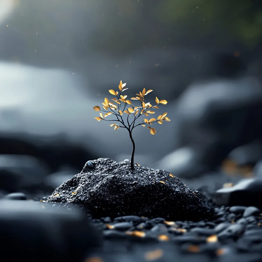 A small sapling with golden leaves stands resolutely on a dark, wet rock.  The rock rests amidst a bed of smooth, dark pebbles.  The background is blurred, suggesting a tranquil, possibly watery, environment.  The scene evokes a sense of quiet strength and resilience in the face of a muted landscape.  The overall mood is serene and contemplative.