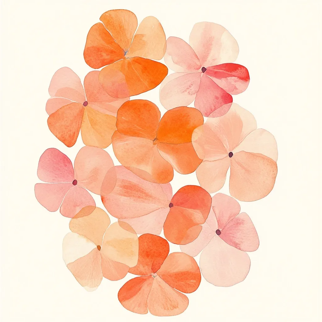 A watercolor painting depicts a cluster of peach-colored flowers.  The blossoms overlap, creating a sense of depth and movement.  The colors are soft and translucent, with variations in shade from pale peach to a deeper orange.  The style is loose and expressive, emphasizing the delicate beauty of the flowers against a clean white background.  The overall impression is one of gentle warmth and serenity.
